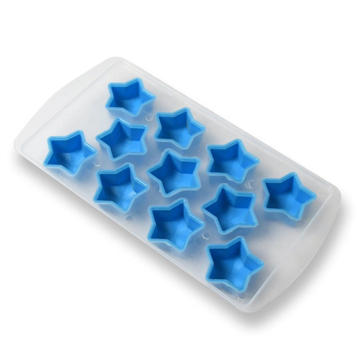 Silicone ice cube tray in blue with star-shaped compartments for fun and easy ice making