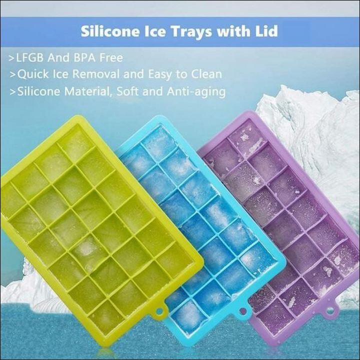 Set of silicone ice cube trays with lid in blue, green, and purple for easy ice removal and storage