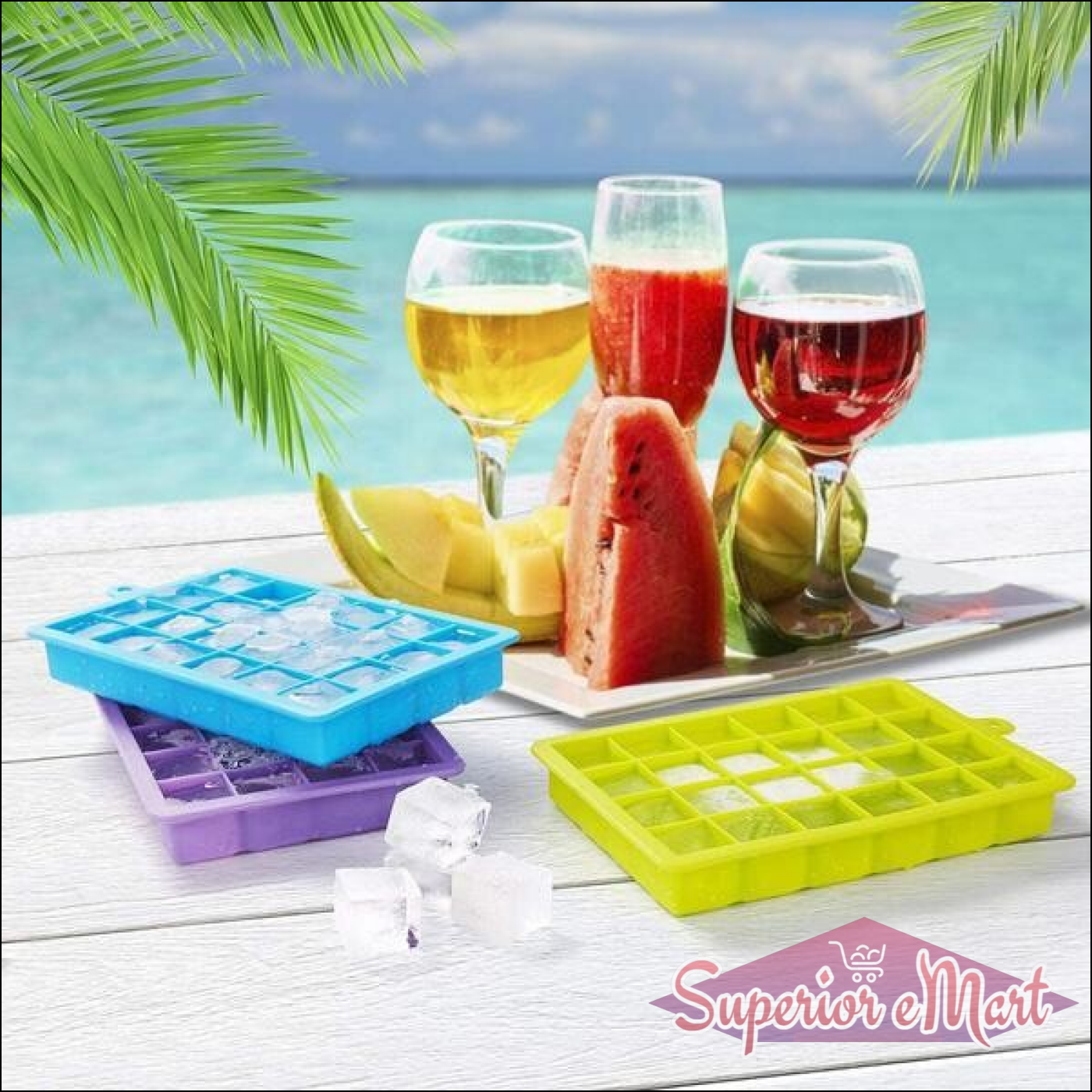Colorful silicone ice cube trays with lid in blue, green, and purple for making ice cubes easily