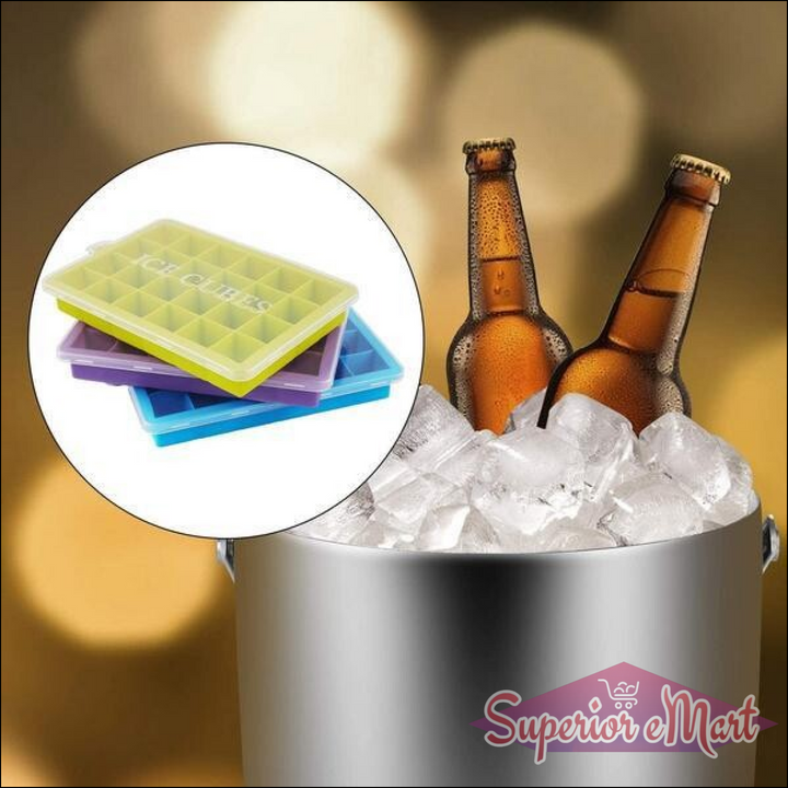 Colorful silicone ice cube trays with lid for easy ice making and storage, perfect for drinks