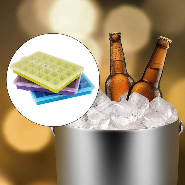 Colorful silicone ice cube trays with lid for easy ice making and storage, perfect for drinks