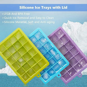 Set of silicone ice cube trays with lid in blue, green, and purple for easy ice removal and storage