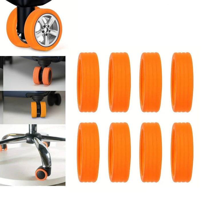 Set of 8 orange silicone luggage wheel covers for protecting and decorating suitcase wheels