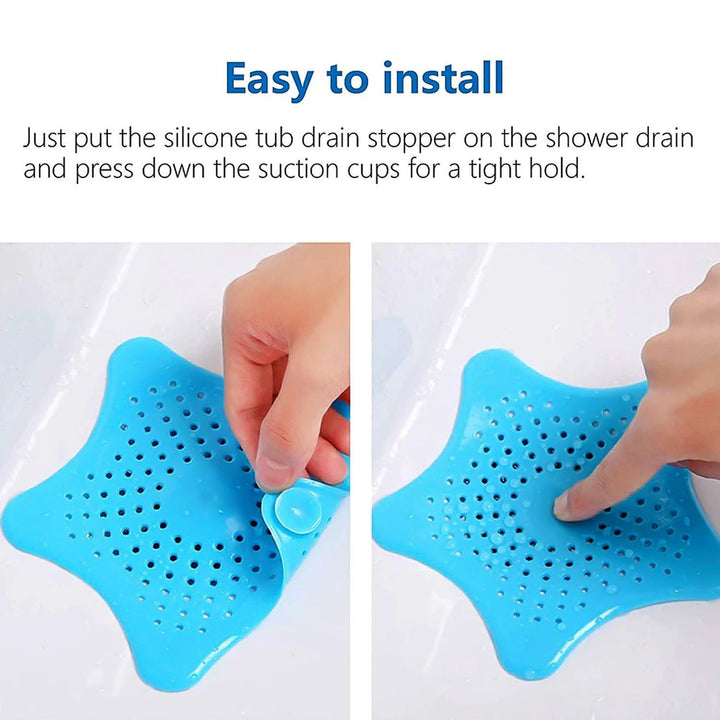Silicone star shaped sink filter in blue, designed for easy installation in shower drains