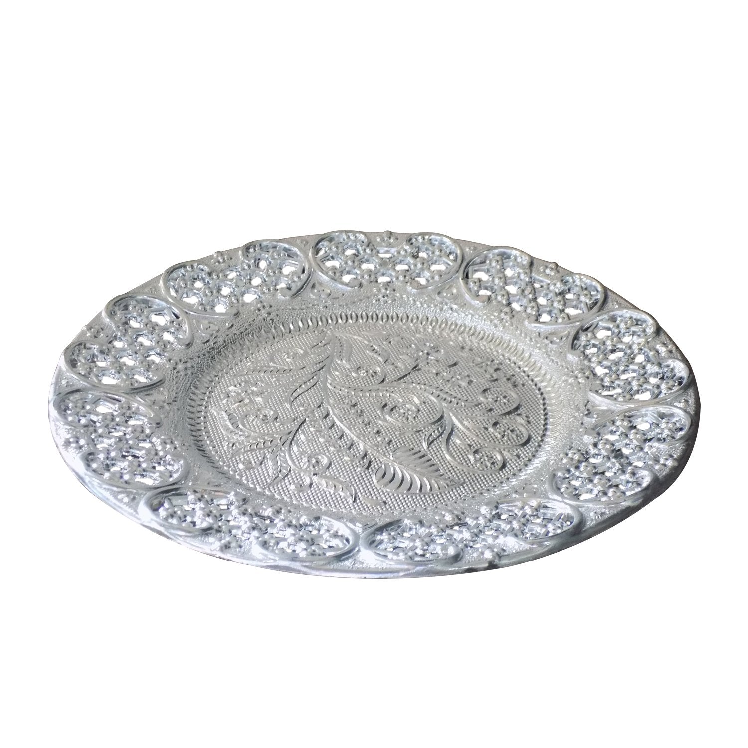 Elegant silver plated pooja thali with intricate designs and decorative embellishments for religious rituals