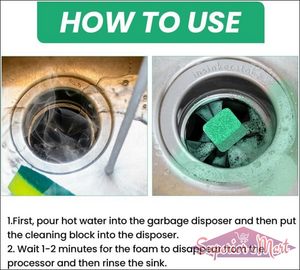 Sink cleaner deodorizer tablets instructions showing disposal cleaning process with hot water and foam