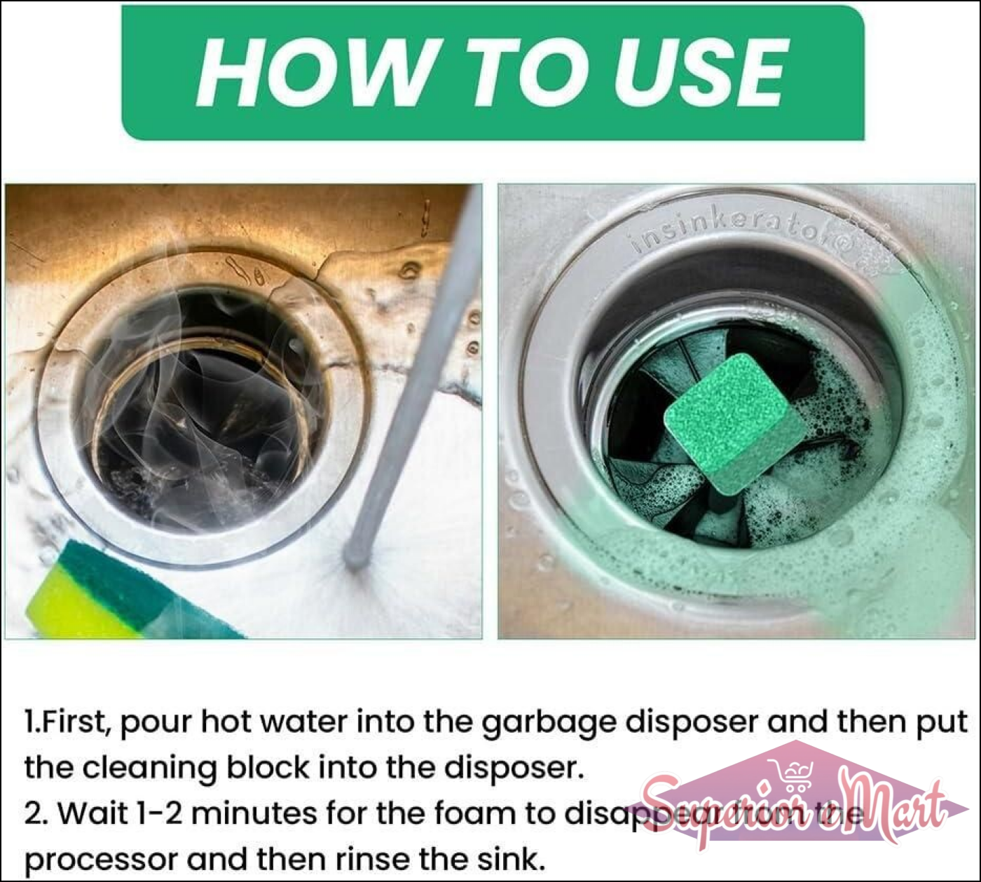 Sink cleaner deodorizer tablets instructions showing disposal cleaning process with hot water and foam