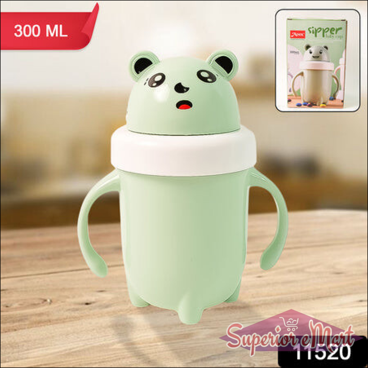 Cute green panda spill proof baby sipper cup with easy-grip handles for toddlers and kids