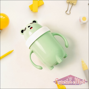 Cute green bear-shaped spill proof baby sipper cup with easy-grip handles for toddlers