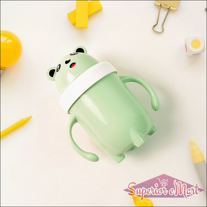 Cute green bear-shaped spill proof baby sipper cup with easy-grip handles for toddlers