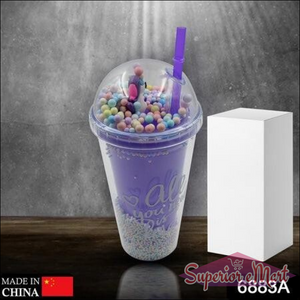 Purple LED glow sipper bottle for kids with colorful beads and a straw