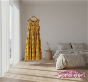 Sleeveless kurti with yellow printed embroidery.