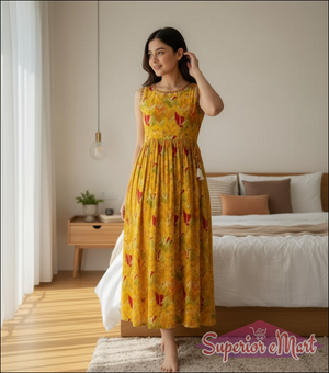 Sleeveless kurti with yellow printed embroidery.