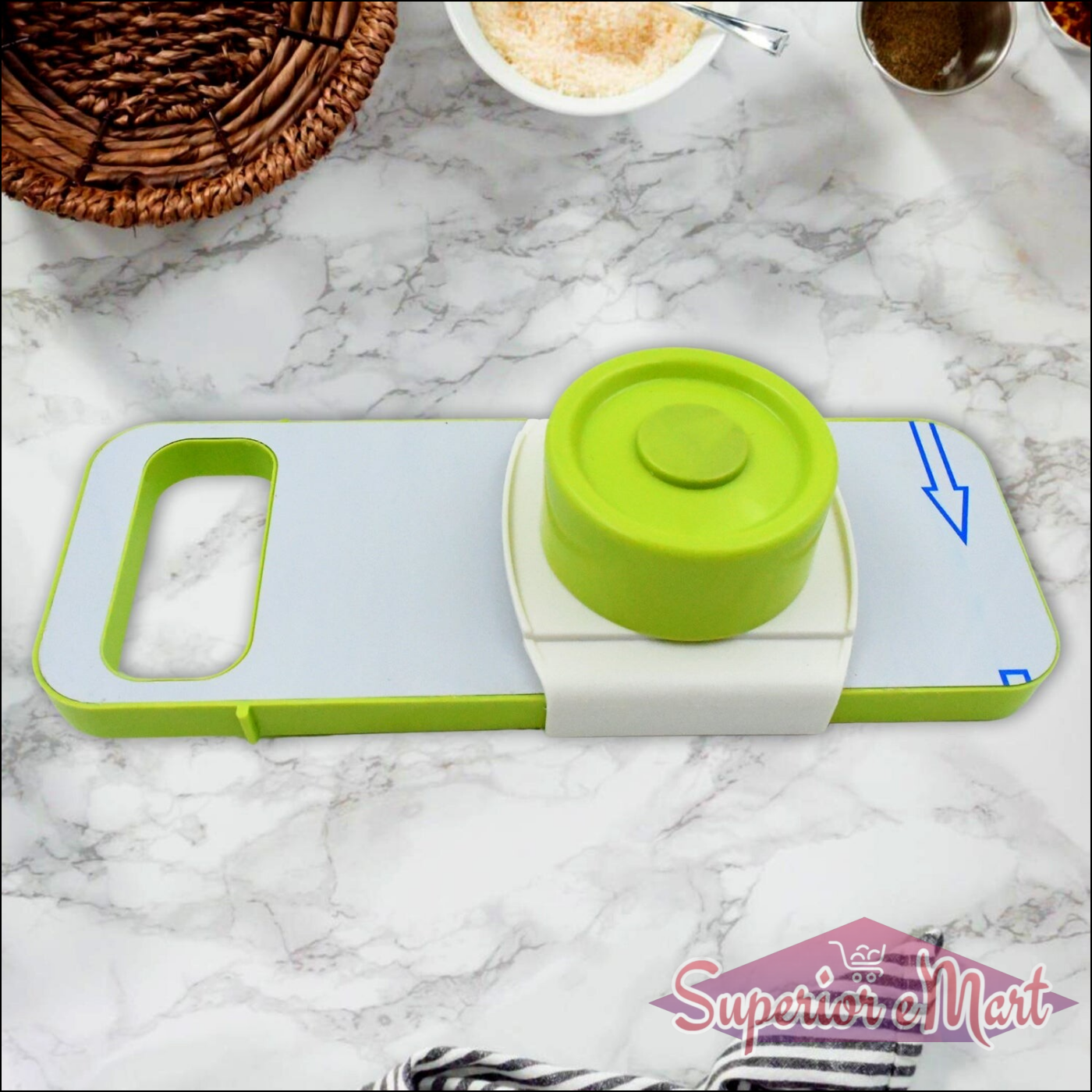 5 in 1 vegetable slicer with a green handle for quick and easy food preparation in the kitchen