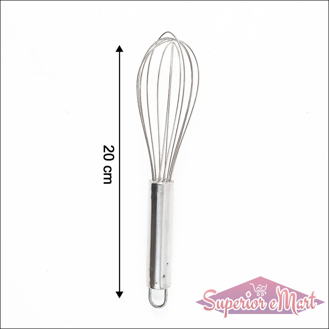 Small stainless steel balloon whisk measuring 20 cm, ideal for mixing and whipping ingredients