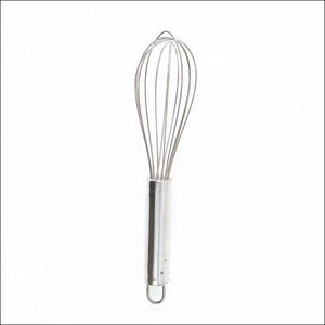 Small stainless steel balloon whisk with a sleek design for easy mixing and whipping in the kitchen