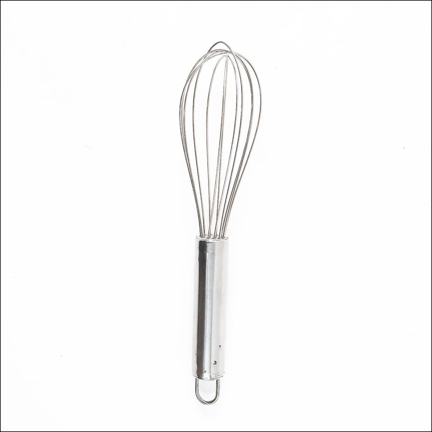 Small stainless steel balloon whisk with a sleek design for easy mixing and whipping in the kitchen