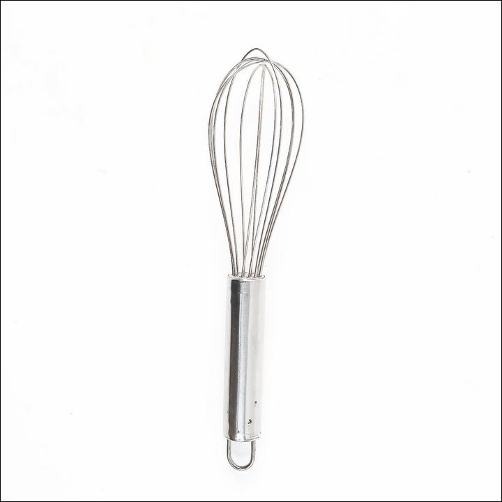Small stainless steel balloon whisk with a sleek design for easy mixing and whipping in the kitchen