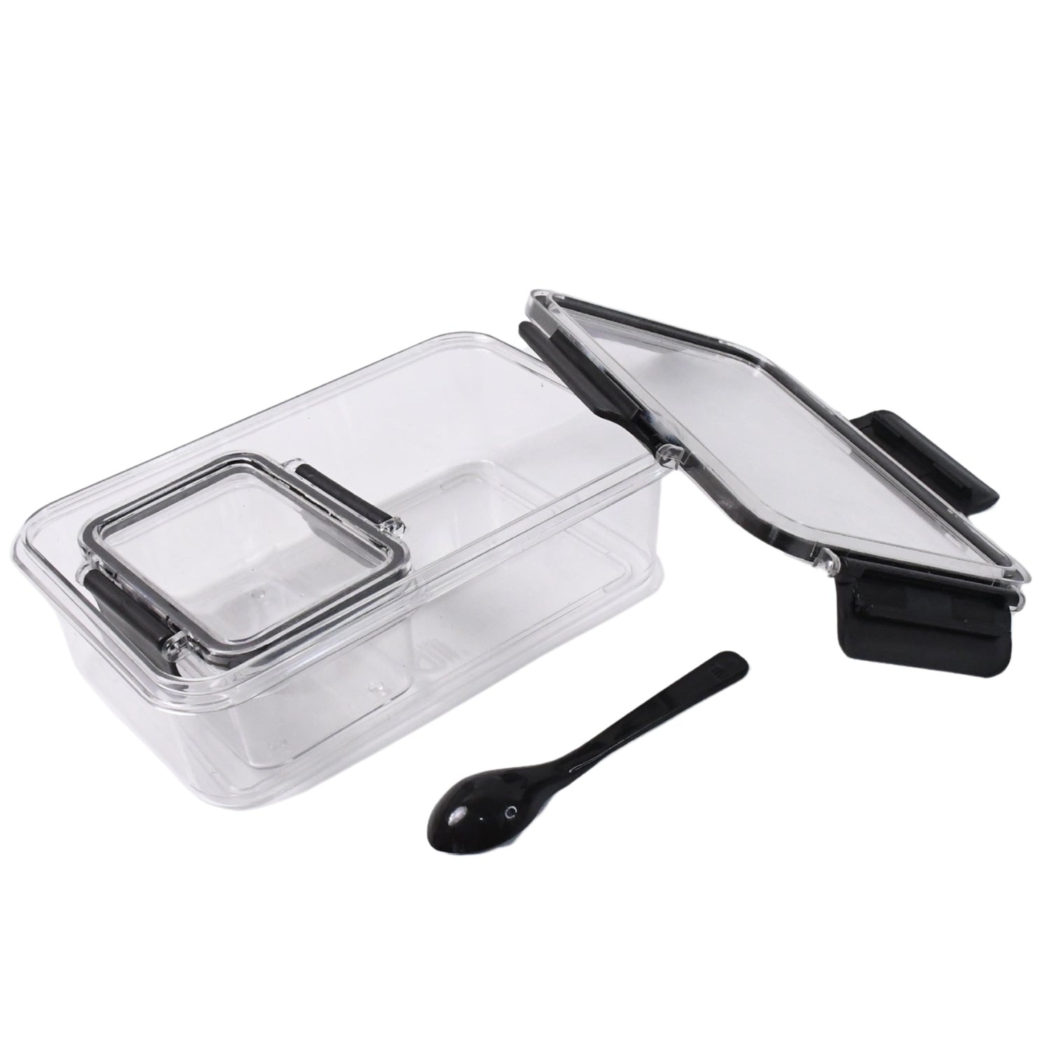 Superior eMart 800ml and 250ml storage box set with clear compartments and black locking lids with spoon