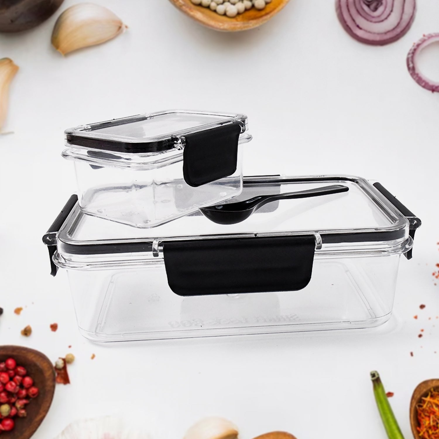 Superior eMart 800ml and 250ml storage box set with airtight black locking lids for kitchen organization