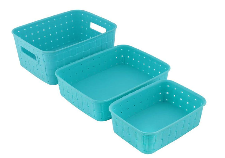 Set of three turquoise smart storage baskets for home with ergonomic handles for easy organization