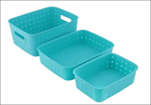 Set of three teal smart storage baskets for home with perforated design and easy-grip handles