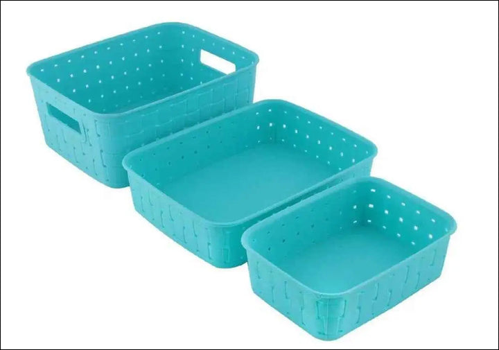 Set of three teal smart storage baskets for home with perforated design and easy-grip handles