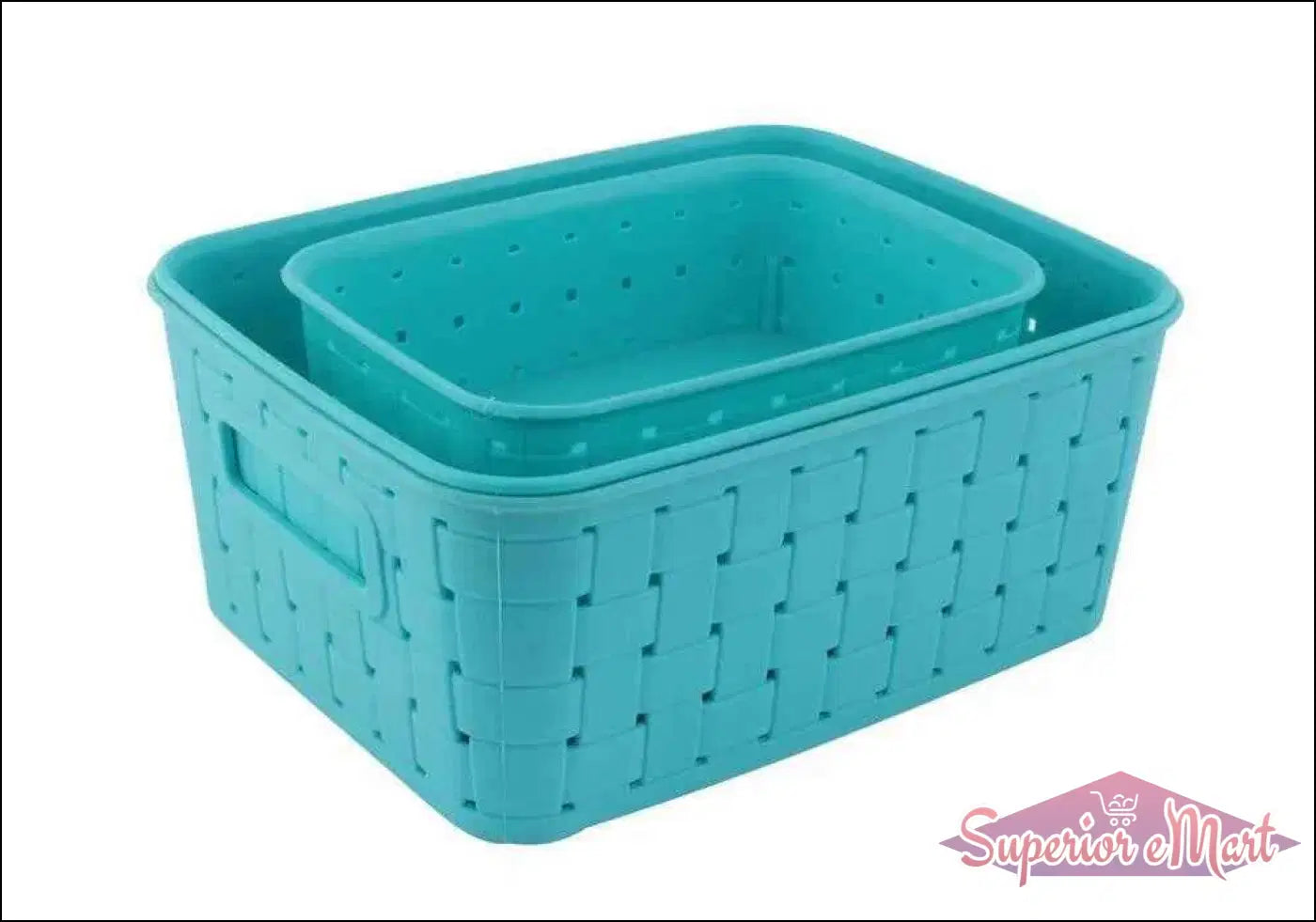 Two turquoise smart storage baskets for home featuring a stylish woven design and convenient handles