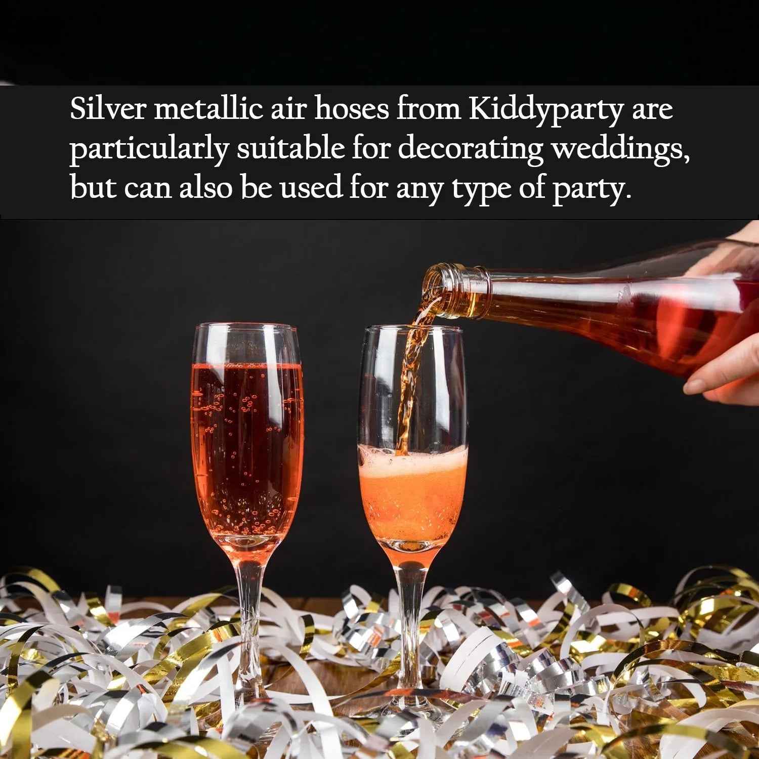 Silver metallic air hoses for weddings with champagne flutes and smooth ribbon for decorations