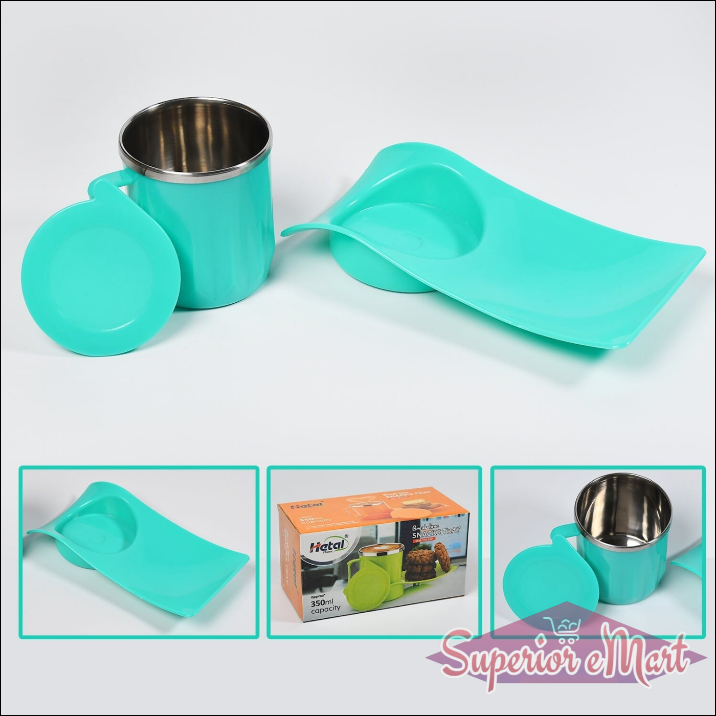 Kids snack tray with steel cup in bright turquoise color, perfect for serving snacks and drinks