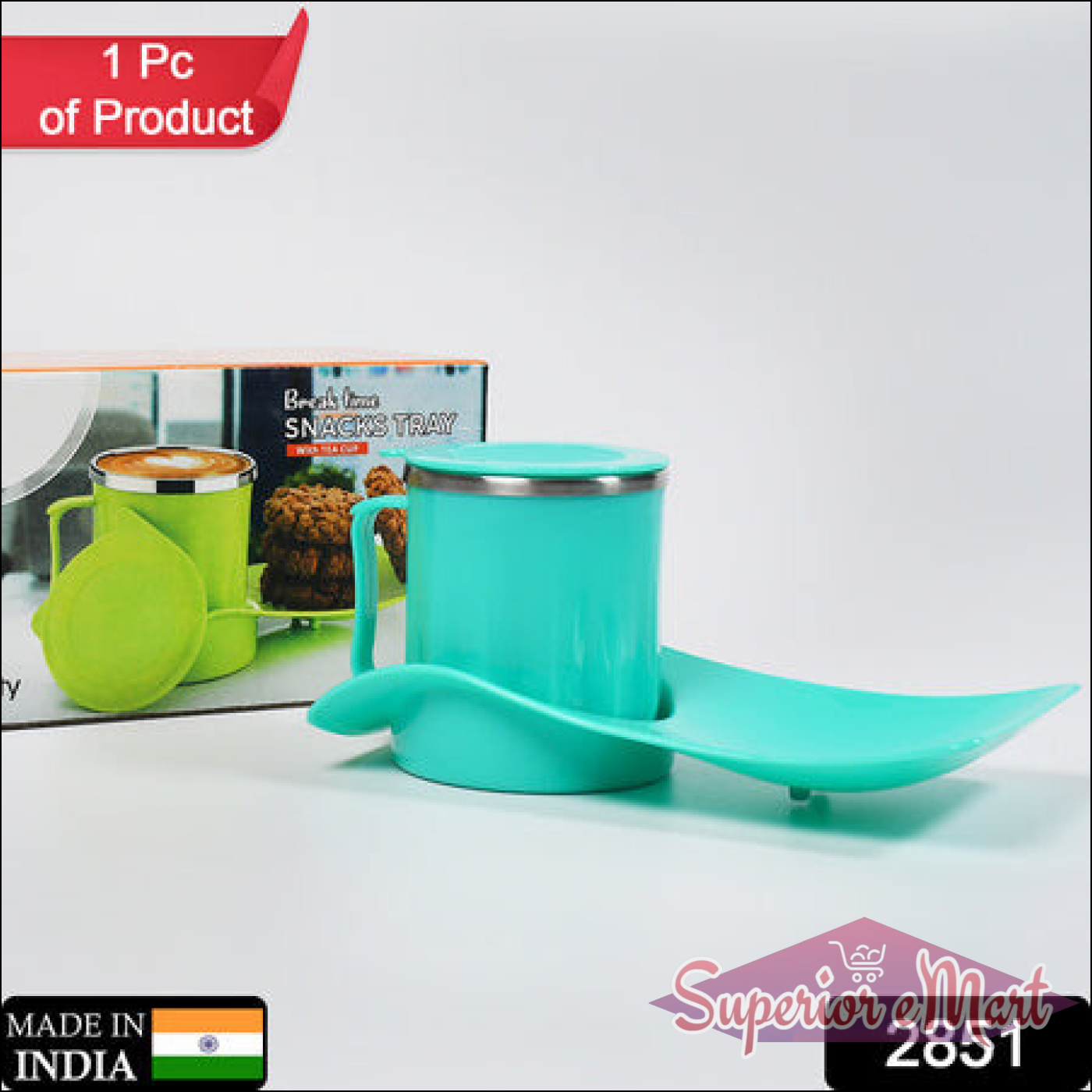 Bright teal kids snack tray with steel cup, perfect for mealtime and snack time use