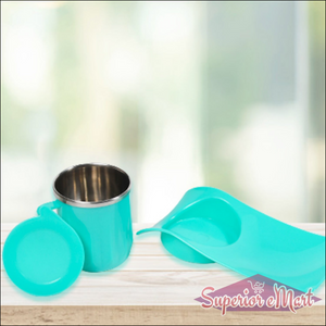 Kids snack tray with steel cup in turquoise color for fun and easy meal times