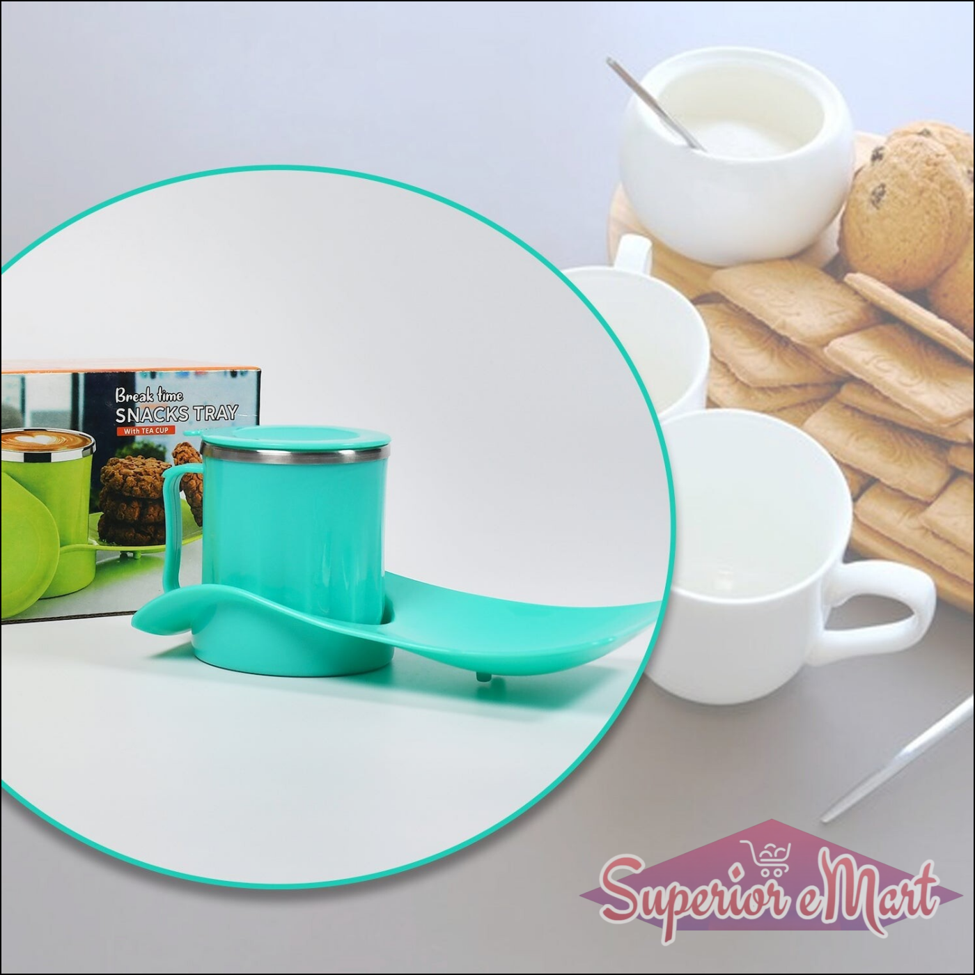 Kids snack tray with steel cup in turquoise color, ideal for serving snacks and treats
