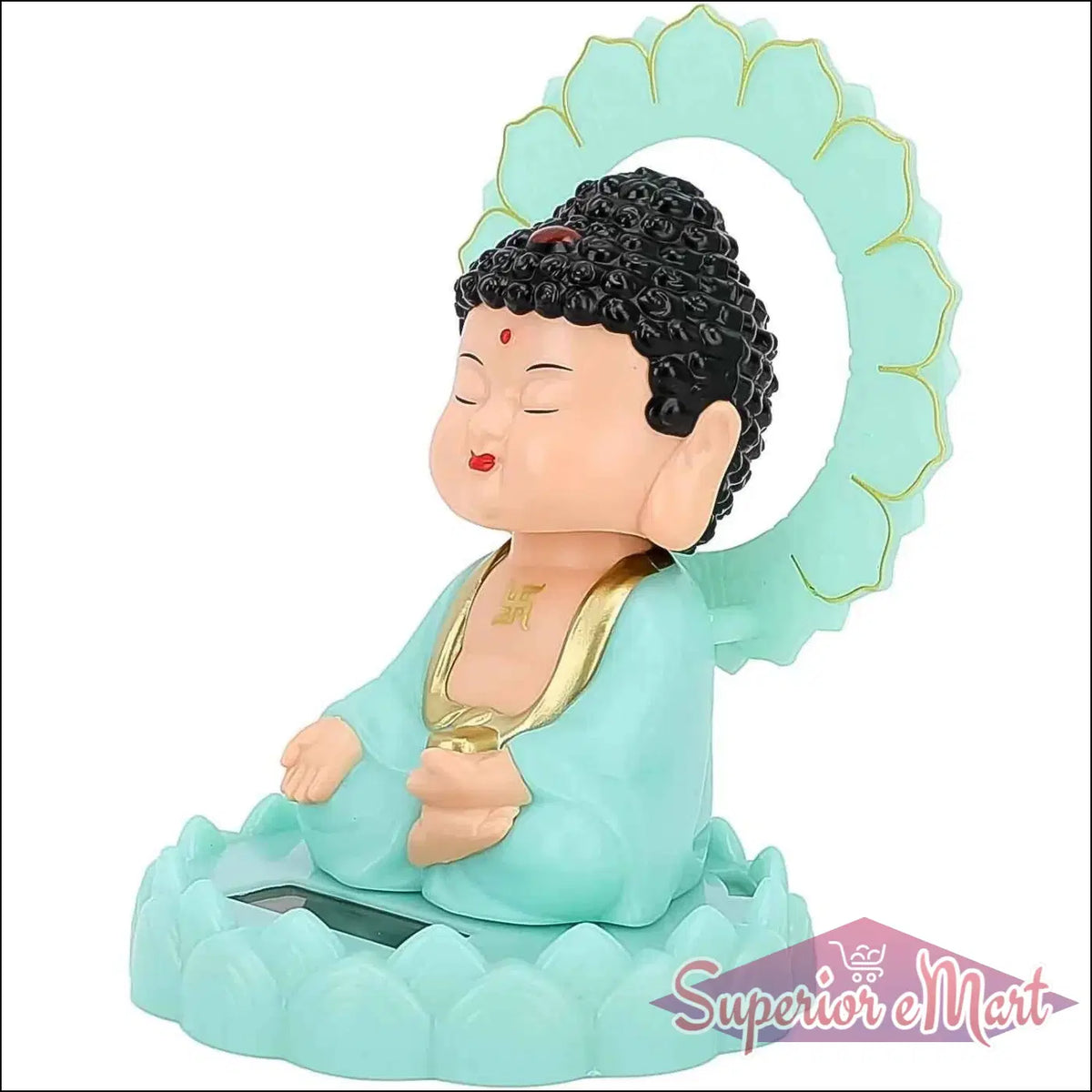 Moving head Buddha ornament in turquoise with a lotus base for serene home decor
