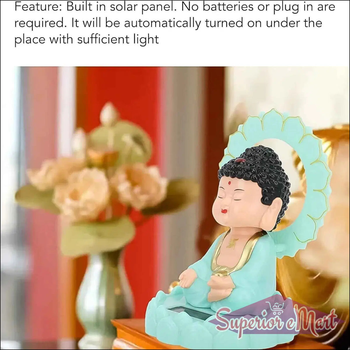 Moving head Buddha ornament with built-in solar panel, ideal for outdoor home decor