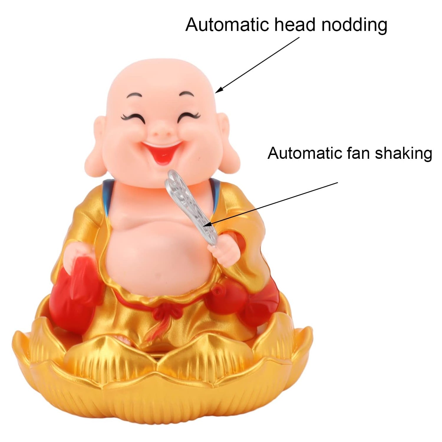 Solar powered Buddha statue with automatic head nodding and fan shaking features for decorative use