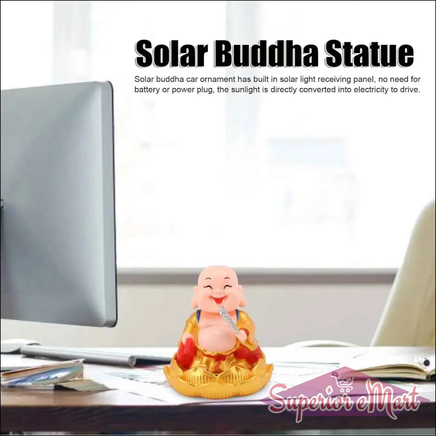 Solar powered Buddha statue for home decor with built-in solar panel for easy outdoor use