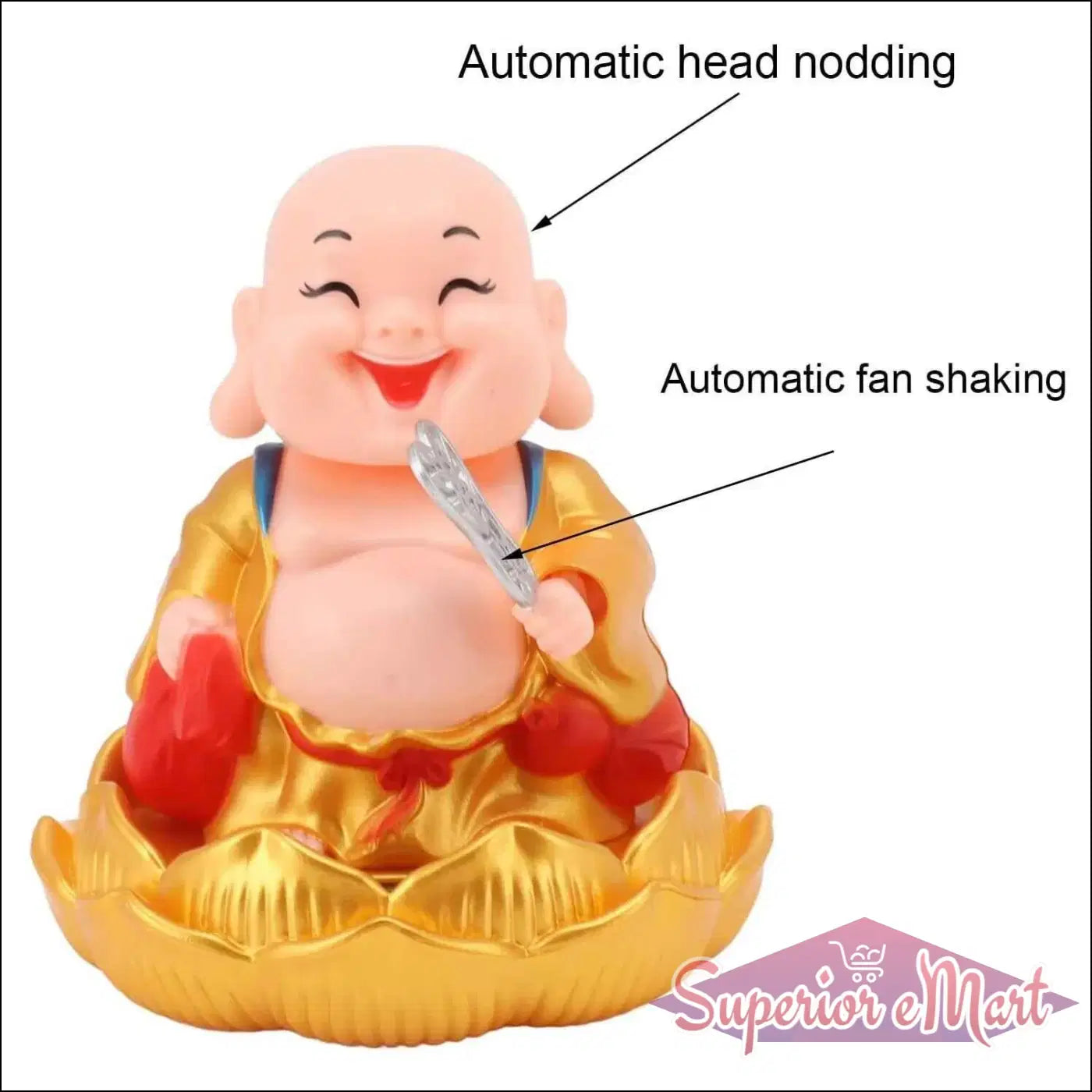Solar powered Buddha statue with automatic head nodding and shaking fan for home decor