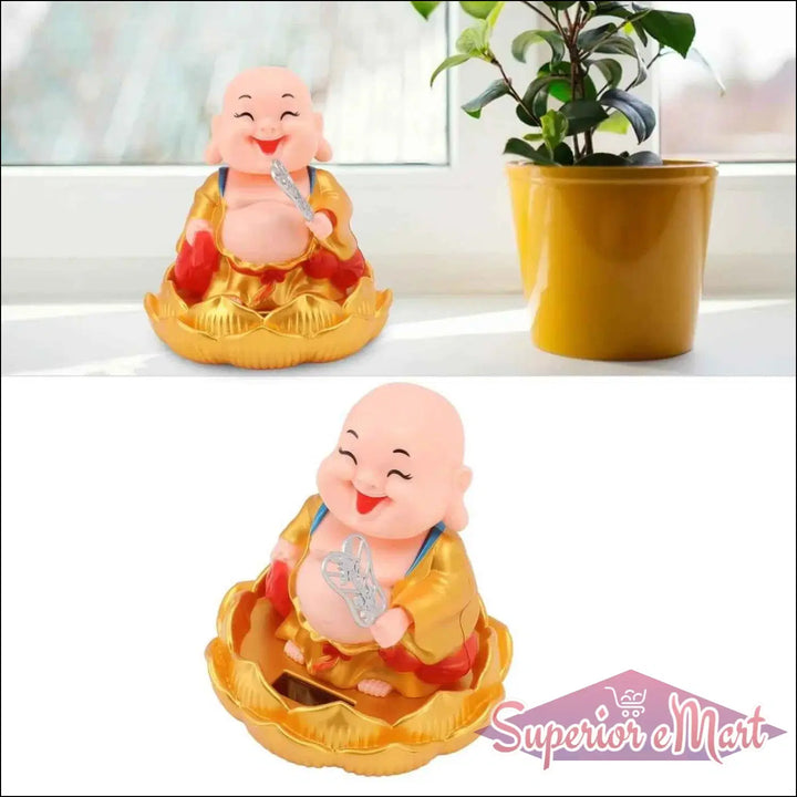 Decorative solar powered Buddha statue with a joyful expression, seated on a lotus flower base