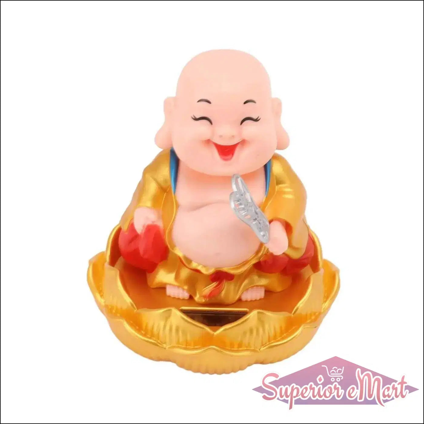 Solar powered Buddha statue with a smiling face and vibrant golden robe for home decor