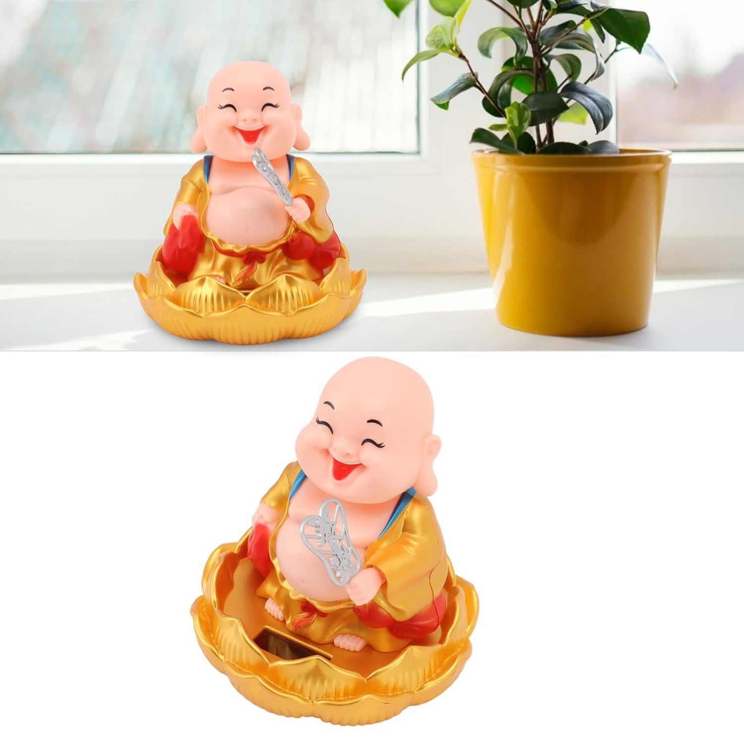 Solar powered Buddha statue in gold and red, perfect for home decor and indoor plants