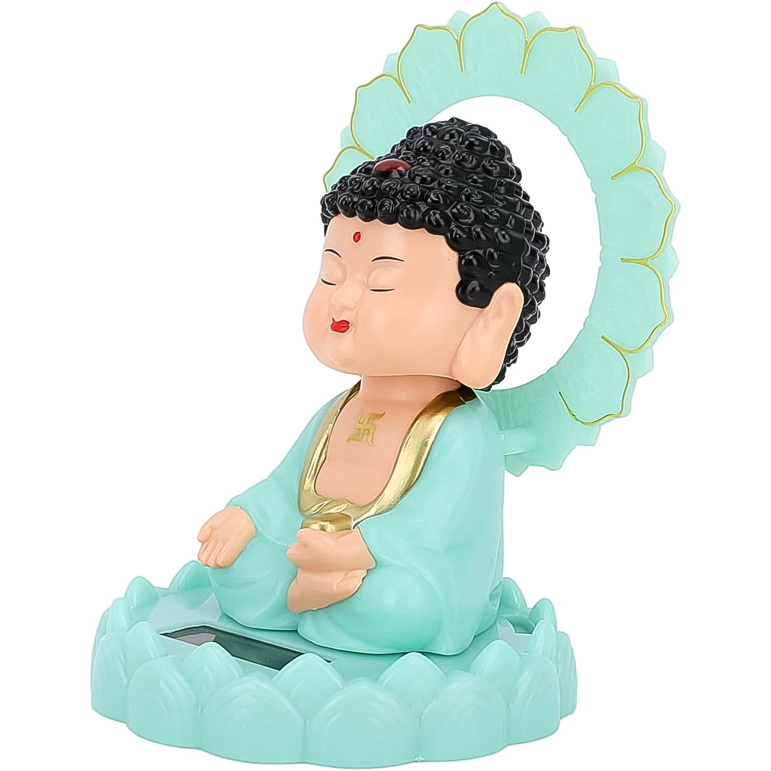 Decorative moving head Buddha ornament in green with a lotus flower base, perfect for home décor
