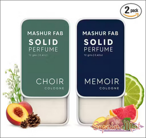 Mashur Fab 2-pack solid perfume sliding tins: Green Choir and Navy Memoir colognes with botanical accents.