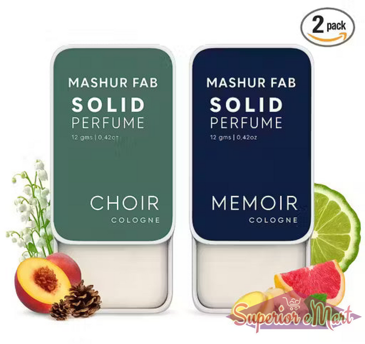 Mashur Fab 2-pack solid perfume sliding tins: Green Choir and Navy Memoir colognes with botanical accents.
