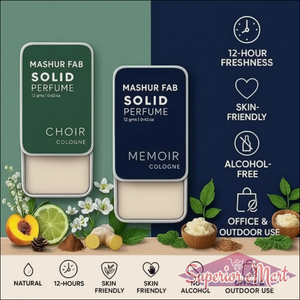 Mashur Fab Choir and Memoir solid perfume slider tins in green and blue with natural ingredients and benefit icons.
