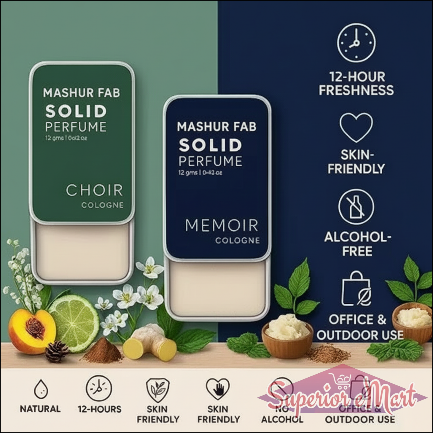 Mashur Fab Choir and Memoir solid perfume slider tins in green and blue with natural ingredients and benefit icons.