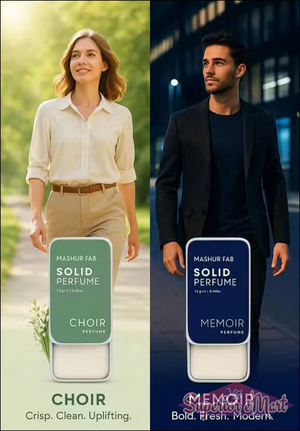 Mashur Fab Solid Perfume: green Choir (Crisp) and navy Memoir (Bold) tins with day and night lifestyle imagery.