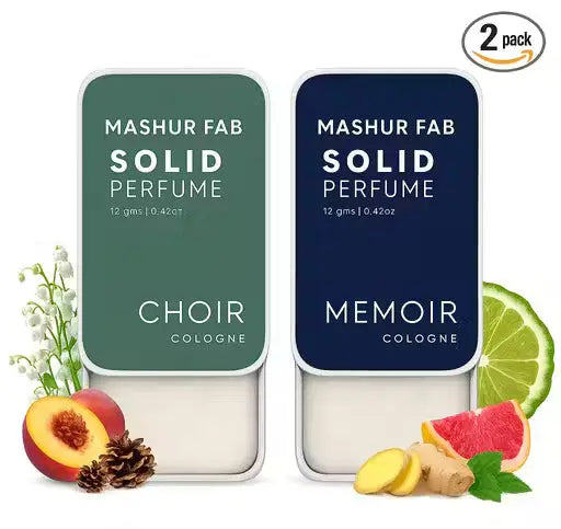 Mashur Fab 2-pack solid perfume sliding tins: Green Choir and Navy Memoir colognes with botanical accents.