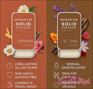 Mashur Fab Ispahan & G Oud solid perfumes in orange & brown metal sliding tins with scent notes and product benefits.