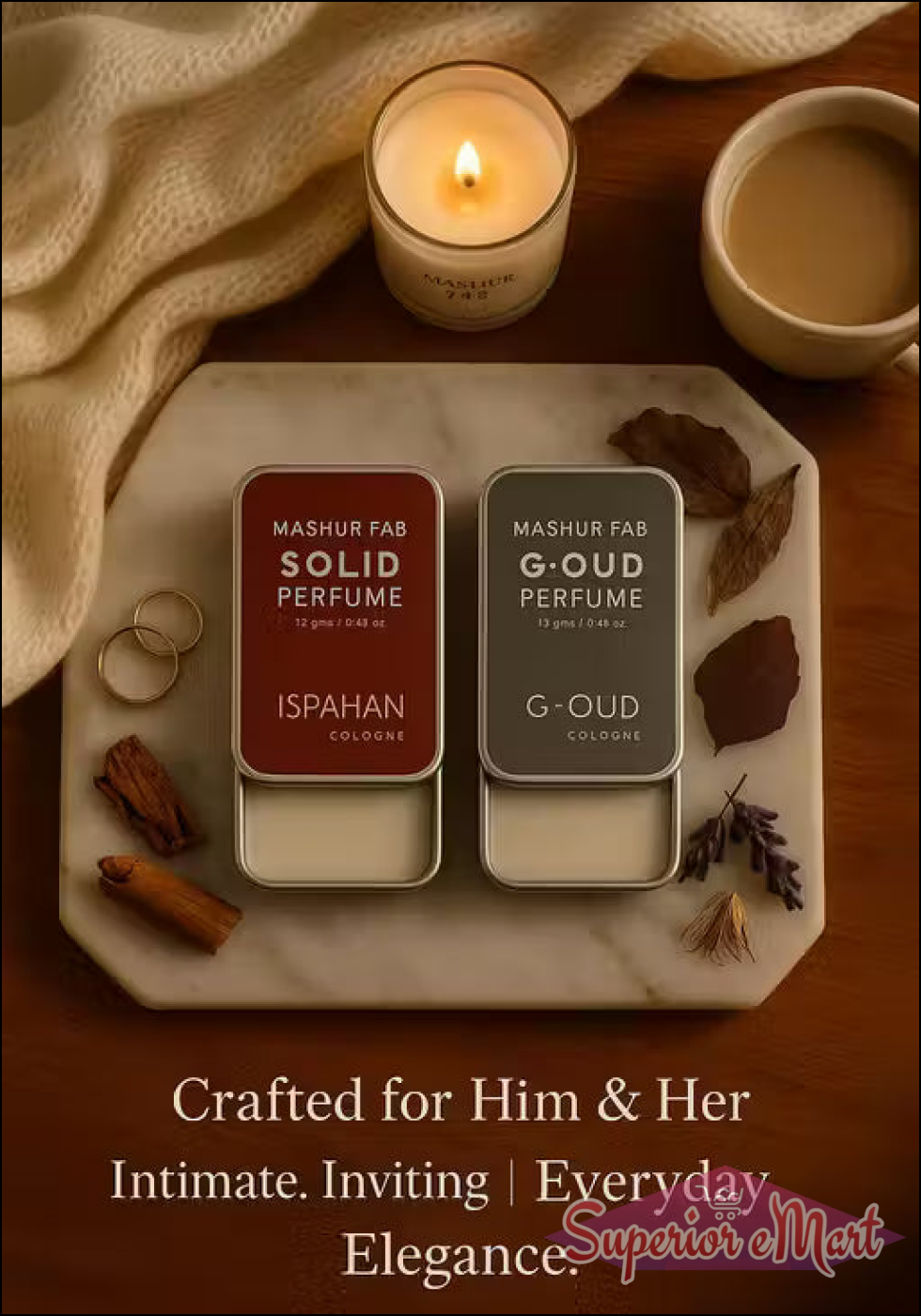 Mashur Fab maroon and grey solid perfume tins on a marble tray with a candle, coffee, and "Everyday Elegance" text.